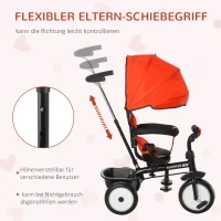 HOMCOM 6 in 1 Kinderdreirad Dreirad Kinder Fahrrad Rad Schubstange Sonnendach Sicherheitsgurt 6-60 Monate Rot+Schwarz 78 x 47 x 99 cm(m-7)