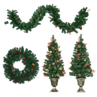 HOMCOM Set de decoratiuni pentru Craciun set 4 piese, coroana de ghirlande si set de 2 copaci cu lumini LED albe calde, fructe de padure rosii, pini de pin, verde(m-11)
