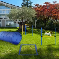 PawHut® ZESTAW AGILITY DLA PSA/SLALOM TUNEL PŁOTKI Z TORBĄ DO TRANSPORTU niebieski/żółty(m-10)