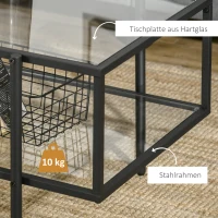 HOMCOM Bijzettafel met Glazen Blad Salontafel met 3 Planken Stalen Frame Zwart(m-5)