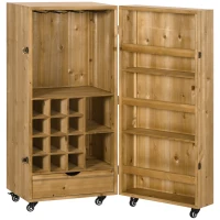 HOMCOM Dulap de vinuri rulant pentru 14 sticle, bufet de bucatarie pe roti cu usa, sertar, rafturi deschise pentru sufragerie, bar de casa, maro inchis(m-2)