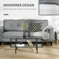 HOMCOM Bijzettafel met Glazen Blad Salontafel met 3 Planken Stalen Frame Zwart(m-4)