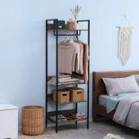 HOMCOM Suport de haine din lemn cu rafturi de depozitare pe 4 niveluri si sina de agatat pentru intrare, dormitor si birou, maro(m-2)