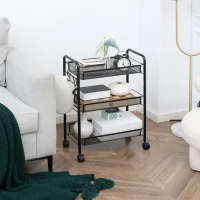 HOMCOM Carucior de bucatarie cu 3 niveluri cu cosuri detasabile si 4 roti, otel si plastic PP, 45Lx26,5x63cm, Negru(m-10)