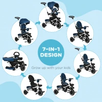 HOMCOM Tricicleta 7 in 1 pentru copii, Tricicleta pentru copii cu scaun rotativ, maner de impingere reglabil, centura de siguranta, baldachin detasabil,bara de siguranta pentru 12-50 de luni, albastru(m-4)