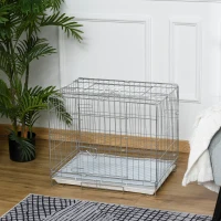 PawHut Gaiola Dobrável para Cães 61x43x50cm Gaiola de Metal para Cães com Bandeja Amovível com Travão Prata e Branco(m-2)