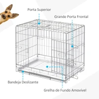 PawHut Gaiola Dobrável para Cães 61x43x50cm Gaiola de Metal para Cães com Bandeja Amovível com Travão Prata e Branco(m-5)
