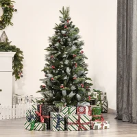 HOMCOM Árvore de Natal Artificial 150cm com 440 Ramas 39 Pinhas e 39 Frutinhas Folhas de PVC PE Base Dobrável e Suporte Metálico Decoração de Natal para Interiores Verde(m-2)