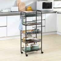 HOMCOM Carucior de bucatarie pe 5 niveluri cu cosuri din plasa, carucior de depozitare pentru sufragerie si dormitor din otel, 45x26,5x106cm, negru(m-2)