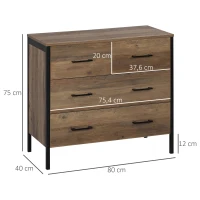 HOMCOM Cómoda com 4 Gavetas Cómoda de Madeira para Dormitório Móvel de Armazenamento Estilo Industrial 80x40x75cm Marrom e Preto(m-3)