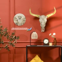 HOMCOM Wanddekoration Stierschädel aus Kunststoff 71 cm x 16 cm x 72 cm Kunstharz, Blattgold Mehrfarbig(m-4)