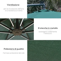 Outsunny Ombrellone da Giardino Ø3x2.5 m a Braccio con Manovella e 8 Strisce LED a Energia Solare, Verde(m-5)