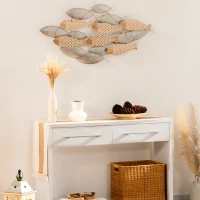 HOMCOM Decoração de Parede de Metal e Madeira 3D de Peixes 100x47cm Arte de Parede Metálica Prata e Madeira(m-2)