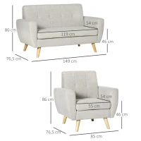 HOMCOM Ensemble de Canapé 2 pcs Mobilier de Salon Canapé 2 Places + Fauteuil Meuble de Salon Sofa de Salon Maison Salle de Séjour Intérieur Tissu de Lin Gris(m-3)