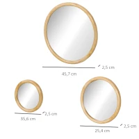 HOMCOM Lot de 3 Miroir Rond Miroir mural avec Cadre en Bois pour Chambre, Salle de Bain Ø 25,4 cm 35,6 cm et 45,7 cm(m-3)