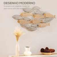 HOMCOM Decoração de Parede de Metal e Madeira 3D de Peixes 100x47cm Arte de Parede Metálica Prata e Madeira(m-4)