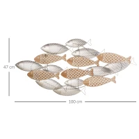 HOMCOM Decoração de Parede de Metal e Madeira 3D de Peixes 100x47cm Arte de Parede Metálica Prata e Madeira(m-3)