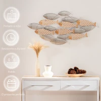 HOMCOM Decoração de Parede de Metal e Madeira 3D de Peixes 100x47cm Arte de Parede Metálica Prata e Madeira(m-6)