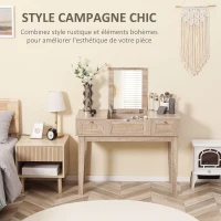 HOMCOM Coiffeuse table de maquillage avec miroir rabattable design bohème 2 tiroirs 2 en 1 bureau - 100 x 46 x 78,5 cm(m-4)