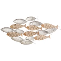 HOMCOM Decoração de Parede de Metal e Madeira 3D de Peixes 100x47cm Arte de Parede Metálica Prata e Madeira(m-1)