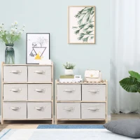 HOMCOM Ensemble de 2 pièces commodes en tissu meubles de rangement avec 10 tiroirs pliants en tissu de lin style élégant pour chambre à coucher bureau salon bois naturel beige(m-2)