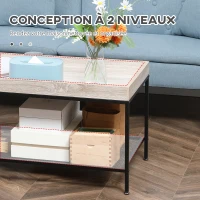 HOMCOM Table Basse rectangulaire 2 Niveaux avec étagère en métal perforée et Plateau en Bois -Industriel - 100 x 50 x 46,5 cm(m-5)