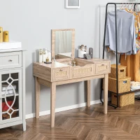 HOMCOM Coiffeuse table de maquillage avec miroir rabattable design bohème 2 tiroirs 2 en 1 bureau - 100 x 46 x 78,5 cm(m-2)