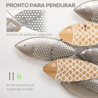 HOMCOM Decoração de Parede de Metal e Madeira 3D de Peixes 100x47cm Arte de Parede Metálica Prata e Madeira(m-5)