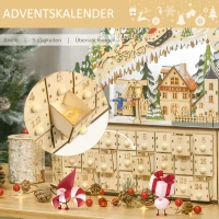 HOMCOM adventskalender met 24 vakken op te vullen kerstkalender met LED-verlichting adventskalenderbox kerstdecoratie doe-het-zelf MDF-blad naturel hout 45 x 13 x 43 cm(m-5)