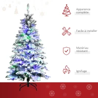 HOMCOM Sapin de Noël Artificiel enneigé 150H cm Lumineux LED x 150 Multicolore 351 Branches Vert Blanc(m-4)