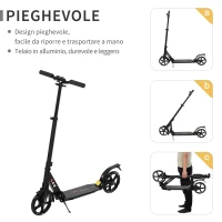 HOMCOM Monopattino Pieghevole per Bambini fino a 14 Anni con Grande Ruote Luminose e Manubrio Regolabile su 3 Livelli Nero, 200mm(m-5)