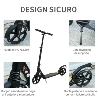 HOMCOM Monopattino Pieghevole per Bambini fino a 14 Anni con Grande Ruote Luminose e Manubrio Regolabile su 3 Livelli Nero, 200mm(m-6)