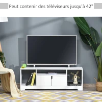 HOMCOM Meuble TV Banc TV Design Contemporain - 3 niches, Placard Double Porte - dim. 120L x 30l x 41H cm - Panneaux Particules Blanc(m-4)