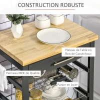 HOMCOM Desserte cuisine à roulettes chariot de service avec plan de travail, 2 paniers coulissants, 1 porte-torchons - gris(m-6)