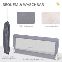 HOMCOM Bettschutzgitter, Stahl, klappbar, waschbarer Stoffbezug, für Kinder 1,5-5 Jahren, grau, 150 x 40 x 60cm(m-6)