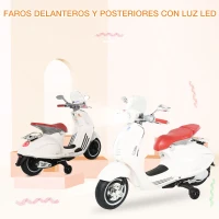 HOMCOM Moto de Batería Autorizada de VESPA con Faros Música 2 Ruedas Auxiliares 108x49x75 cm Blanco(m-9)