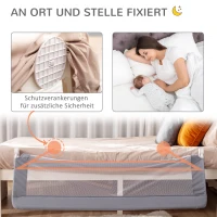HOMCOM Bettschutzgitter, Stahl, klappbar, waschbarer Stoffbezug, für Kinder 1,5-5 Jahren, grau, 150 x 40 x 60cm(m-7)