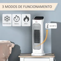 HOMCOM Aquecedor Cerâmico 1000W/2000W com Controle Remoto Tela LED 3 Modos de Vento Temporizador de 8H Termostato e Oscilação 42° para 25m² 17,6x13,7x50cm Branco(m-4)
