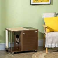 PawHut Mueble Arenero para Gatos Mesa Auxiliar con Cojín Poste Rascador Y Alfombra Lateral de Sisal 60x40x48 cm Nogal(m-9)