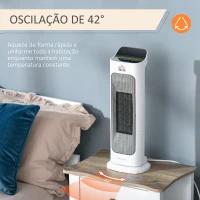 HOMCOM Aquecedor Cerâmico 1000W/2000W com Controle Remoto Tela LED 3 Modos de Vento Temporizador de 8H Termostato e Oscilação 42° para 25m² 17,6x13,7x50cm Branco(m-7)