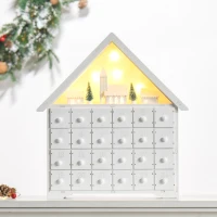 HOMCOM Calendário de Advento de Natal Madeira com 24 Gavetas e Luzes LED Decoração de Natal Modelo Casinha 39x9x42cm Branco(m-9)
