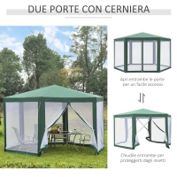 Outsunny Gazebo 4x4 m da Giardino Esagonale con Pareti in Rete, 2 Porte e Gambe Regolabili, Gazebo in Metallo e Poliestere con Picchetti e Funi, Verde(m-5)