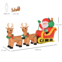 HOMCOM Pai Natal com Trenó e Renas Infláveis com Luzes LED Decoração de Natal para Exterior Ar Livre com Inflador 240x57x112cm Multicor(m-3)