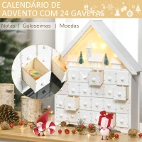 HOMCOM Calendário de Advento de Natal Madeira com 24 Gavetas e Luzes LED Decoração de Natal Modelo Casinha 39x9x42cm Branco(m-5)