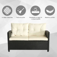 Outsunny Set Mobili da Giardino 4 Pezzi in Rattan PE e Tavolino, Divano e Poltrone Imbottiti Nero e Beige 124x68x76cm(m-4)