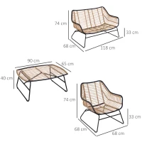 Outsunny poly-rotan tuinbank 4-delige rotan bankset staal polyester kaki + beige(m-3)
