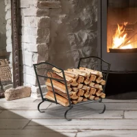 Outsunny Suporte para Lenha Metálico Porta Lenha Exterior e Interior com Grade e Base Elevada Carga Máxima 40kg 47x30x38cm Preto(m-2)
