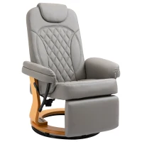 HOMCOM PU Recliner Chair with Footrest, Headrest, Round Wooden Base, Lounge Reading Armchair for Living Room, Bedroom and Office, Grey(m-1)