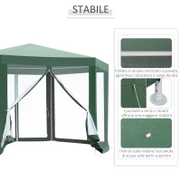 Outsunny Gazebo 4x4 m da Giardino Esagonale con Pareti in Rete, 2 Porte e Gambe Regolabili, Gazebo in Metallo e Poliestere con Picchetti e Funi, Verde(m-6)