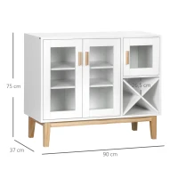 HOMCOM Aparador de Cozinha com 3 Portas de Vidro e Suporte em Forma de X para 4 Garrafas Móvel Buffet Auxiliar 90x37x75cm Branco(m-3)